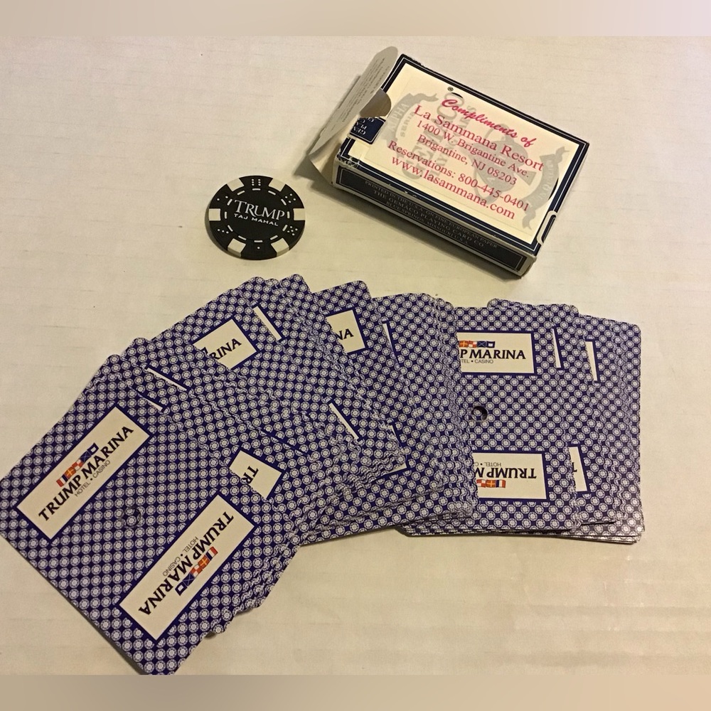 TRUMP MARINA CARDS & $100 CASINO CHIP FROM TAJ MAJAL ATLANTIC CITY COLLECTIBLES